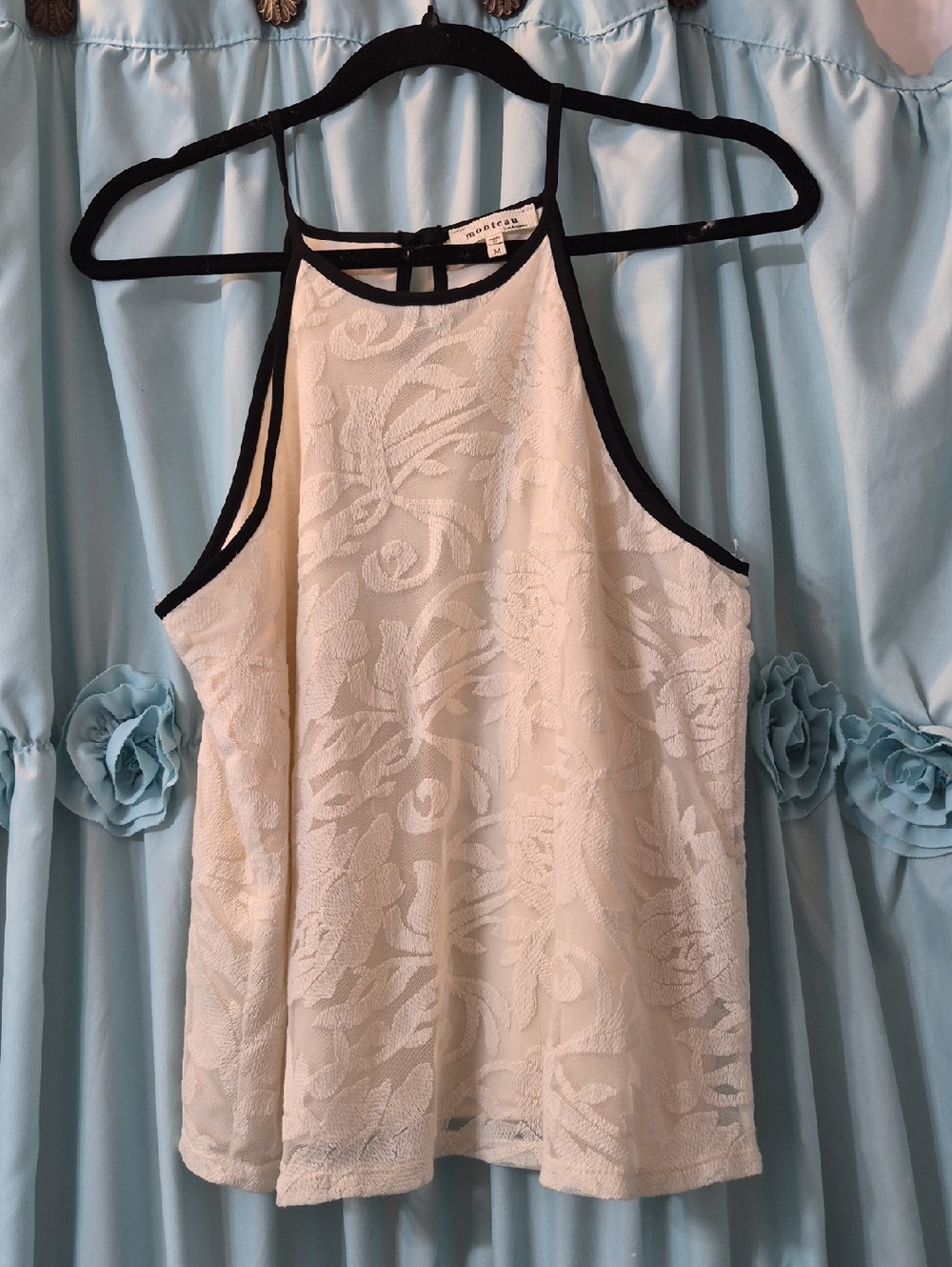 Monteau Los Angeles Cream Black Trim Lace Flowy Halter Tank Top Sz M